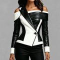 Women's Edgy Asymmetric Off Shoulder Black White Contrast PU Leather Peak Lapel One Button Long Sleeve Blazer