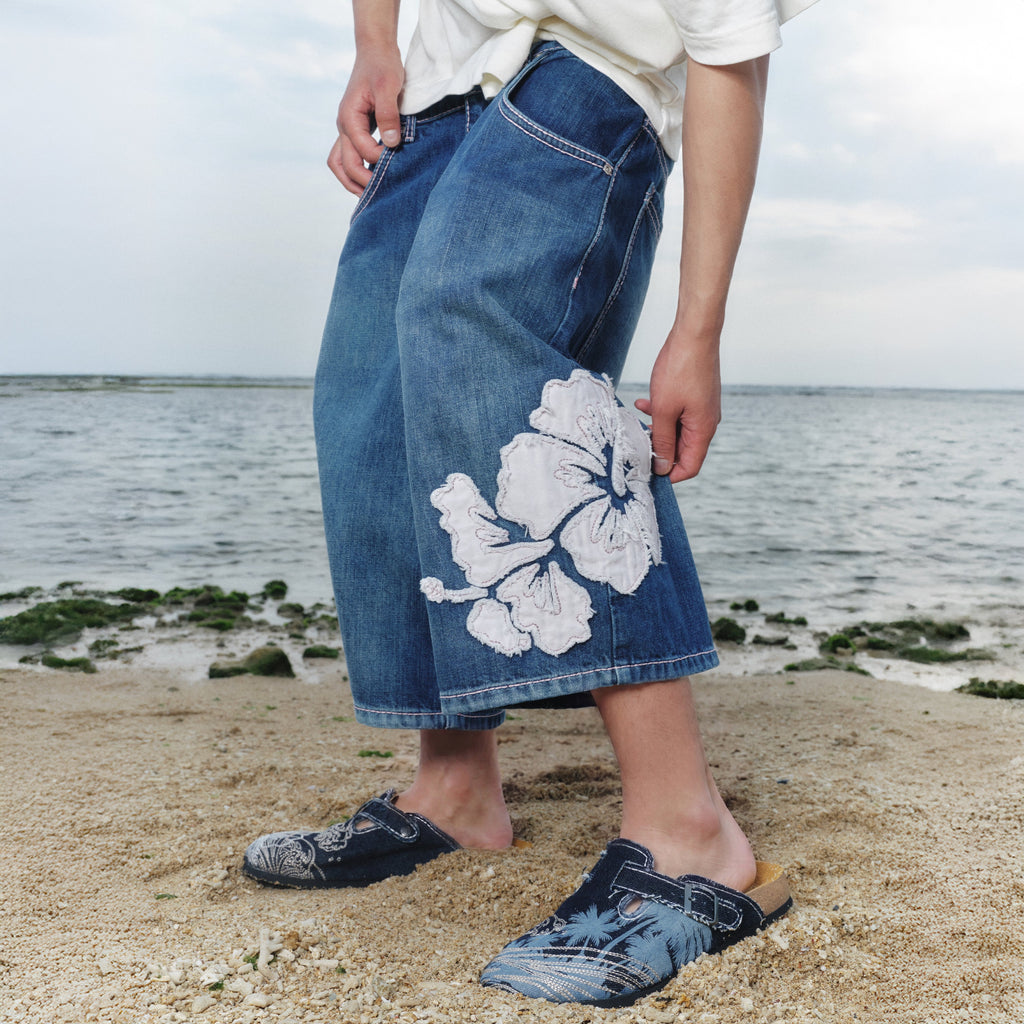 "summer break" indigo washed Jorts