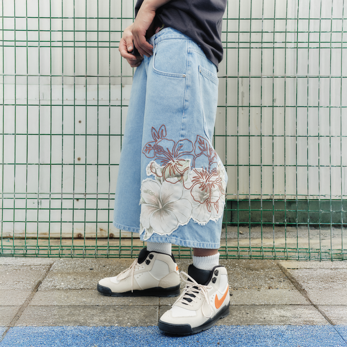 "summer break" light blue Jorts