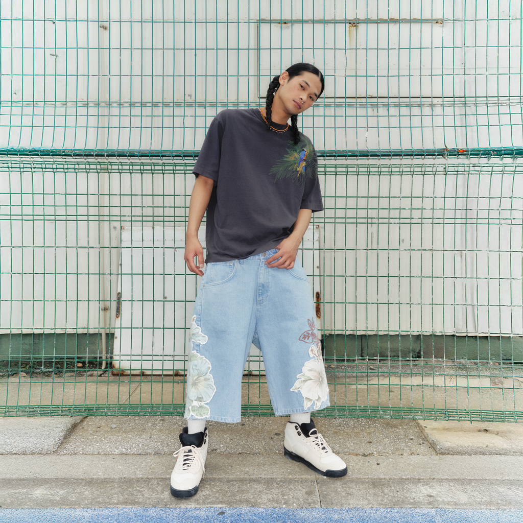 "summer break" light blue Jorts