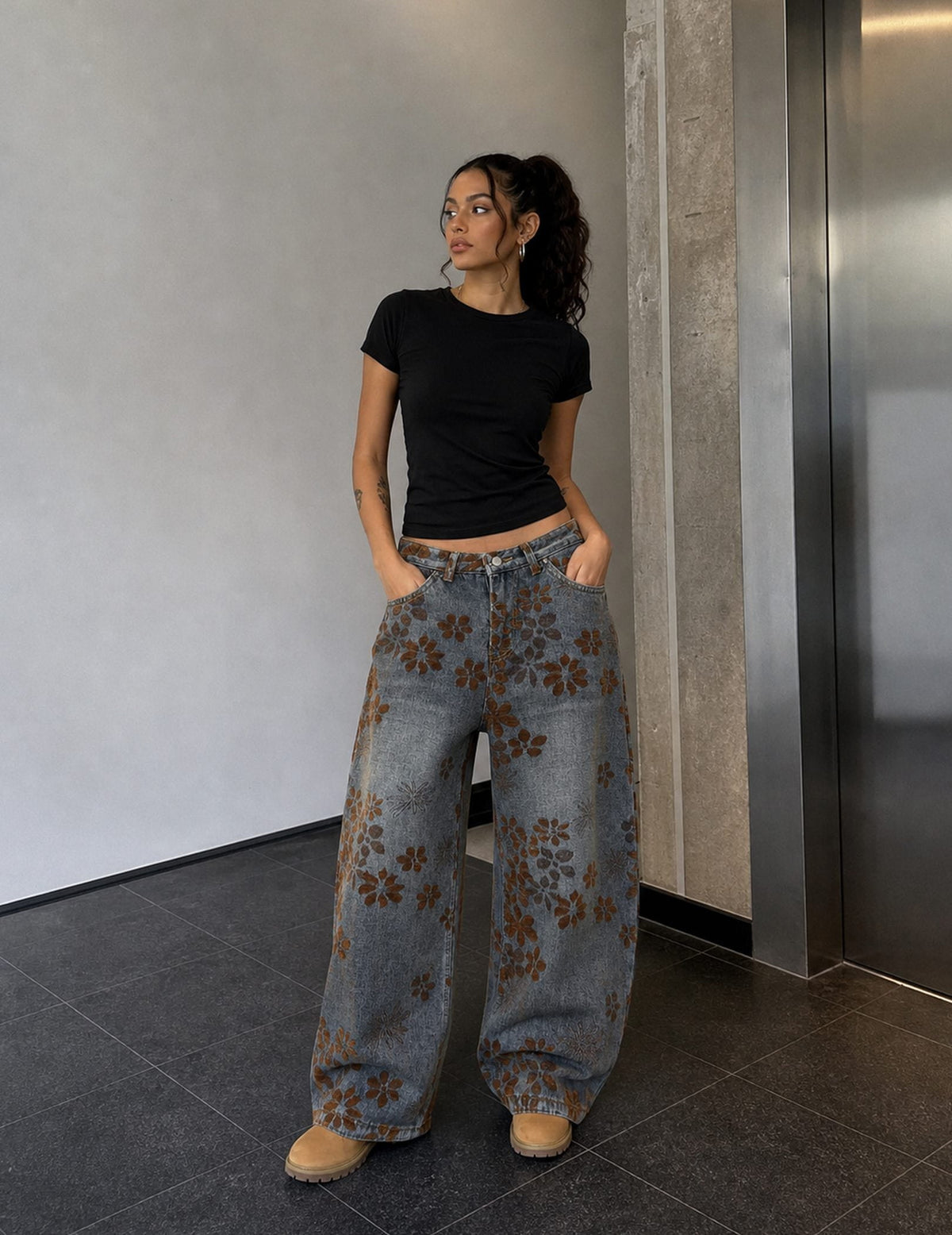 [Pre-Order] Aelfric Eden Flocked Floral Baggy Barrel Jeans