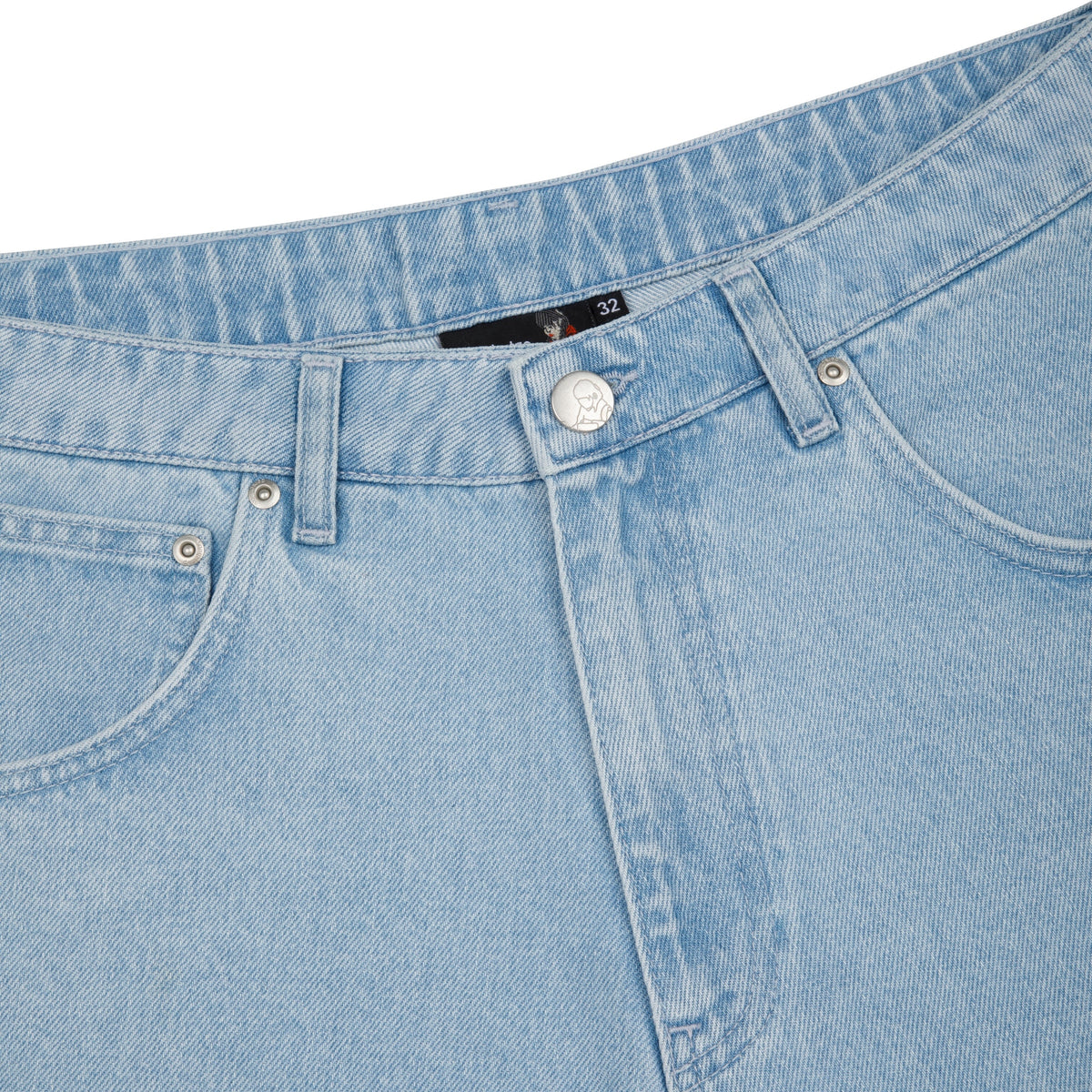 "summer break" light blue Jorts