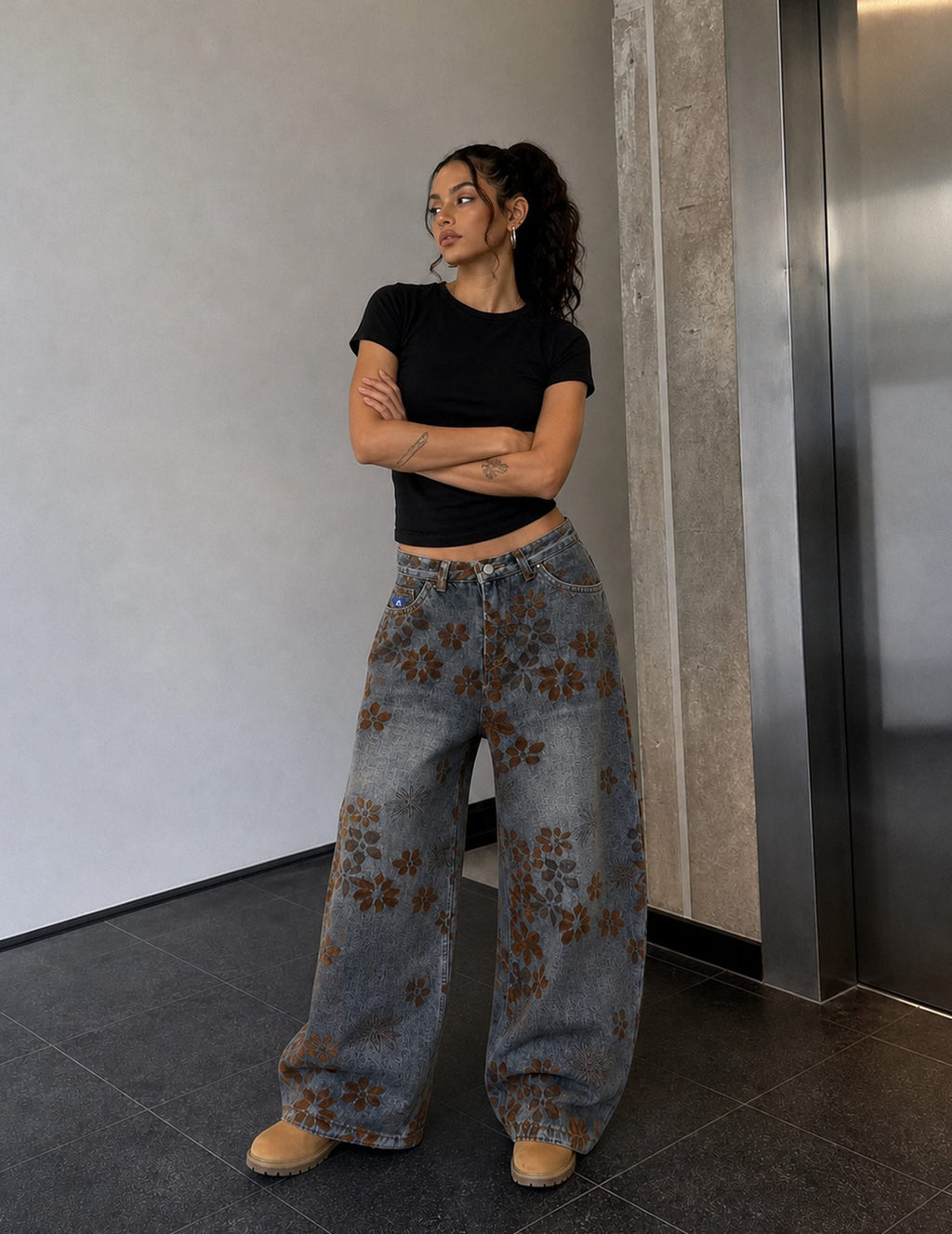 [Pre-Order] Aelfric Eden Flocked Floral Baggy Barrel Jeans