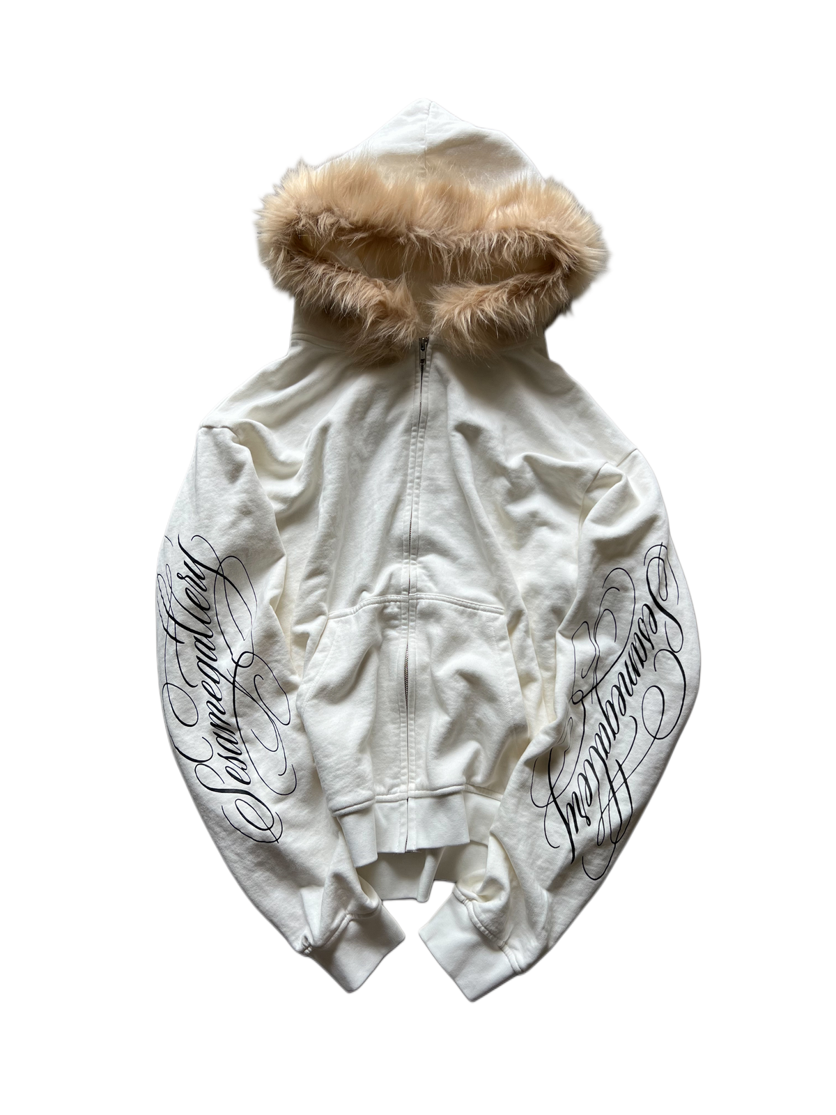 "signature II" fur hood zip up white