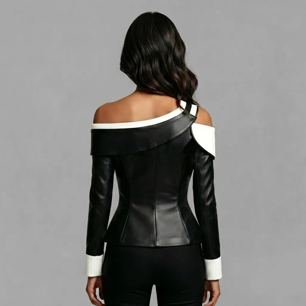 Women's Edgy Asymmetric Off Shoulder Black White Contrast PU Leather Peak Lapel One Button Long Sleeve Blazer
