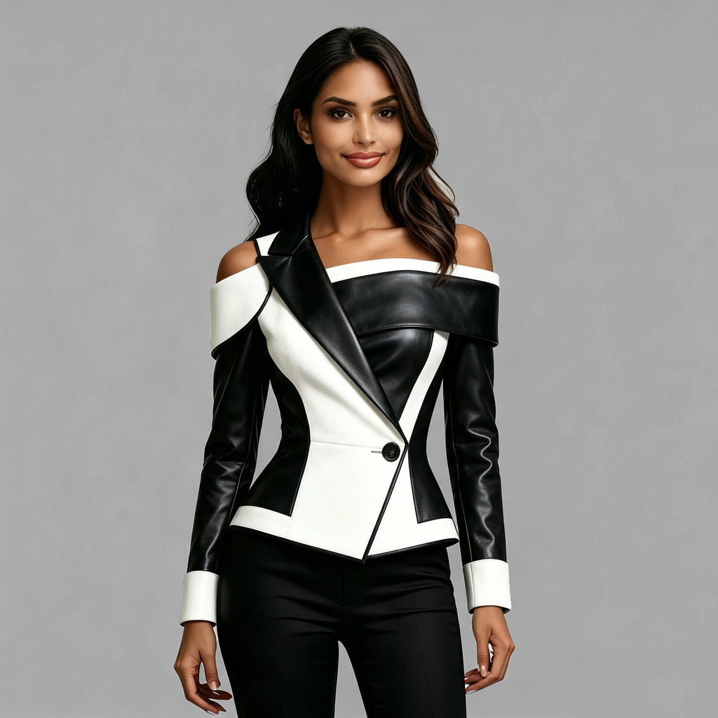 Women's Edgy Asymmetric Off Shoulder Black White Contrast PU Leather Peak Lapel One Button Long Sleeve Blazer