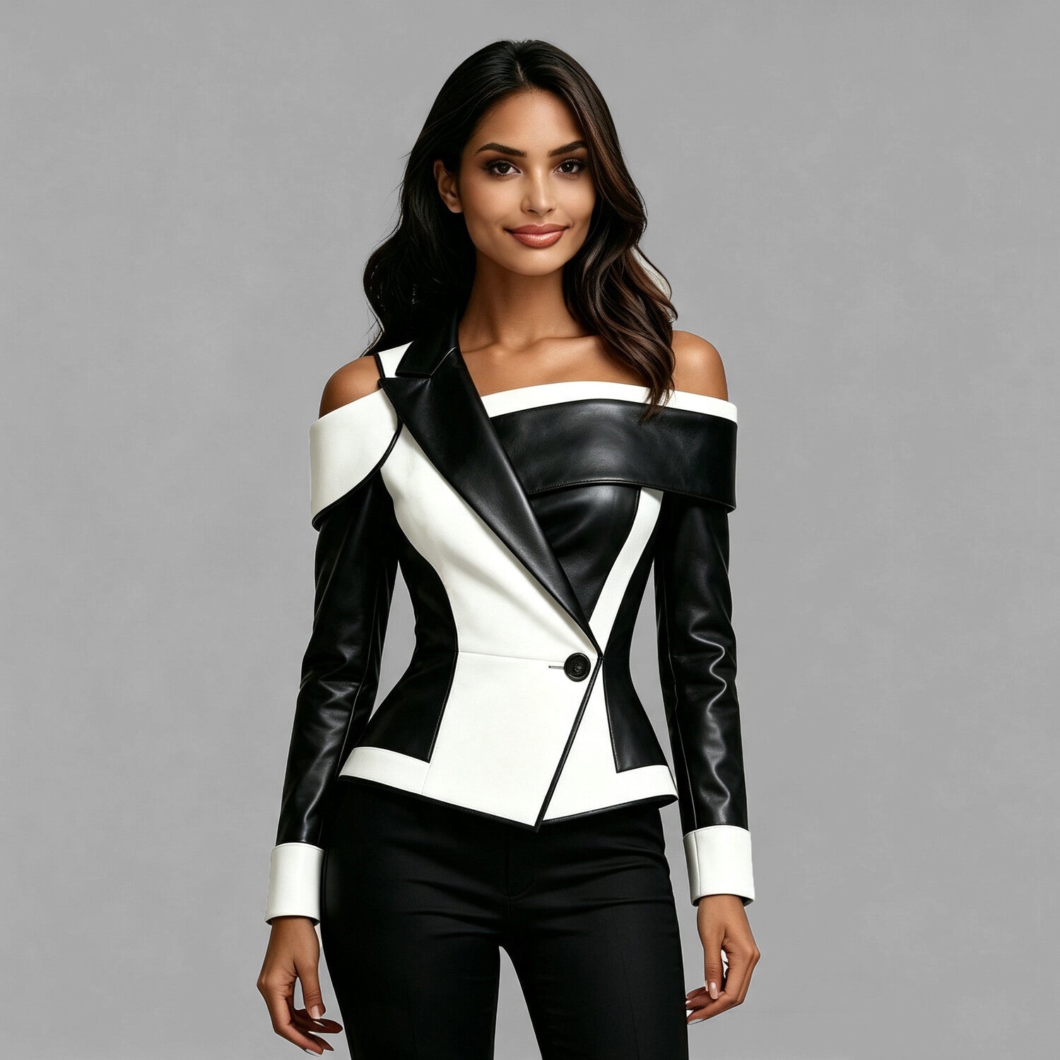 Women's Edgy Asymmetric Off Shoulder Black White Contrast PU Leather Peak Lapel One Button Long Sleeve Blazer